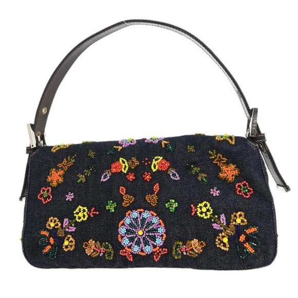 Fendi Navy Denim Beaded Baguette Handbag - Picture 2 of 10